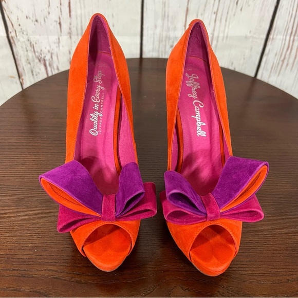 JEFFREY CAMPBELL GARRET orange combo Women's Bow Accent peep toe high heels 7.5 - Picture 15 of 16